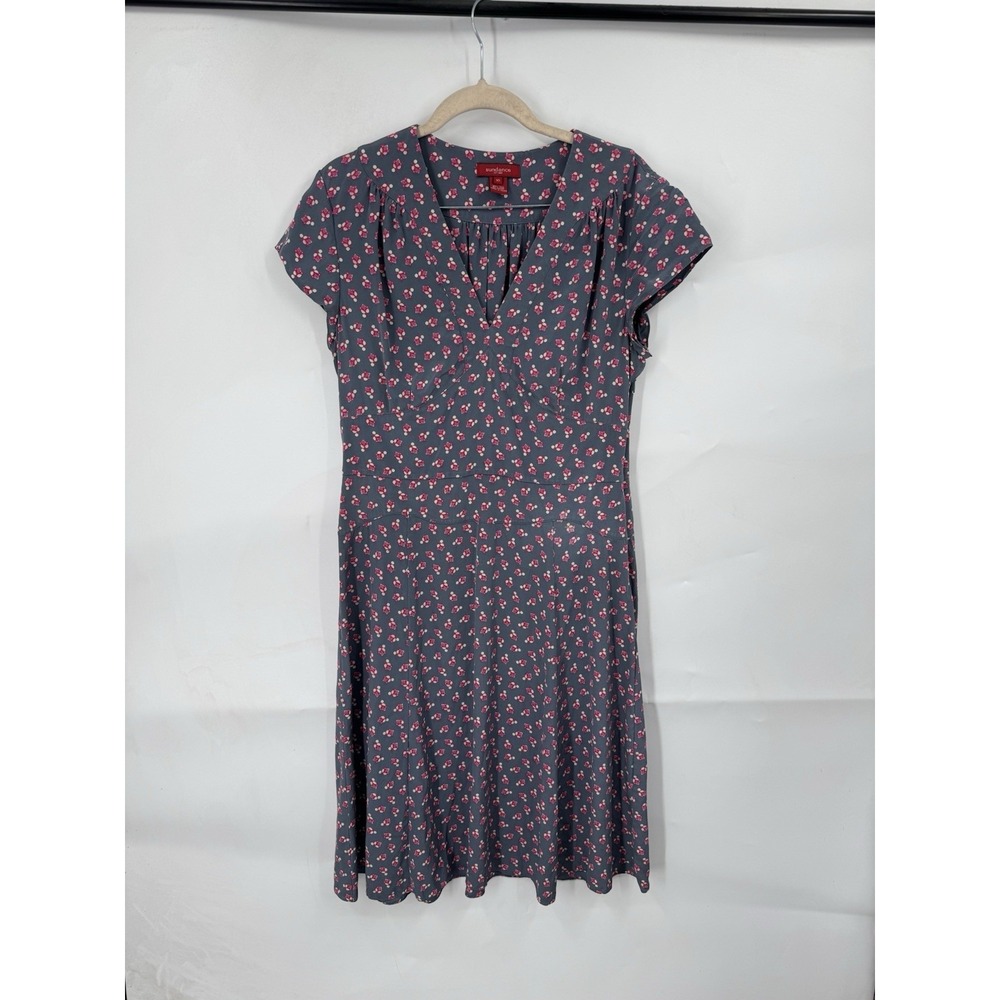 Floral Short-Sleeve V-Neck Midi Dress in Charcoal with Pink Print